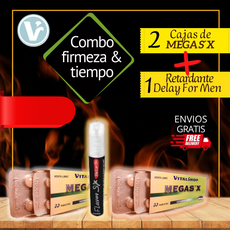 COMBO FIRMEZA  Y TIEMPO ( 2 Cajas MegaSex x20 Tabletas 100% Natural +Delay for Men: Retardante en Spray + Envío Gratis